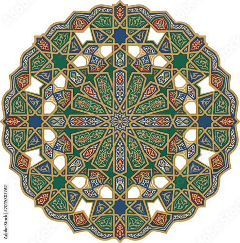 Intricate geometric Islamic pattern mandala with vibrant green blue and gold colors creating a decorative symmetrical design