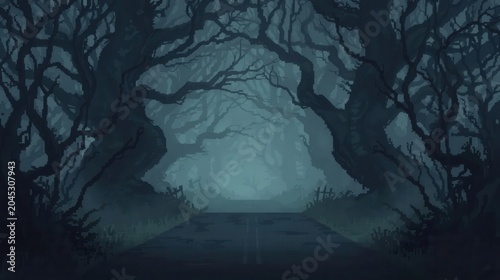 mysterious foggy forest path with twisted trees in dark fantasy setting