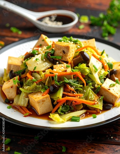 A vibrant, close-up shot of a savory stir-fry dish featuring tofu cubes, colorful vegetables, and a dark sauce on a white plate