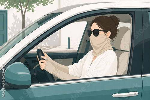 窓ガラス越しに見るUV対策女性ドライバーのイラスト