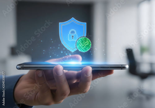 Mobile device security and protection concept with shield and lock icons