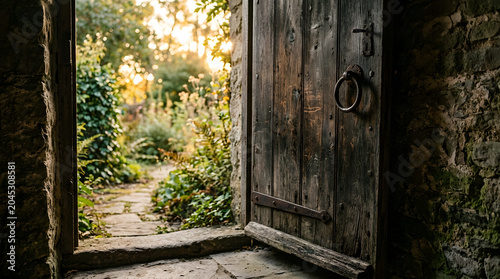 Old wooden door opening to sunlit garden path