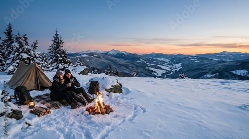 Couple enjoying campfire during winter camping in snowy mountains