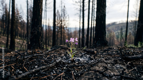 Pink wildflower growing in burned forest after wildfire