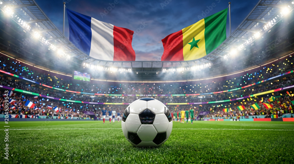 Naklejka premium Dynamic soccer match between france and senegal with vibrant stadium atmosphere