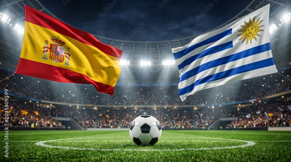 Fototapeta premium Soccer match between spain and uruguay flags on display in stadium