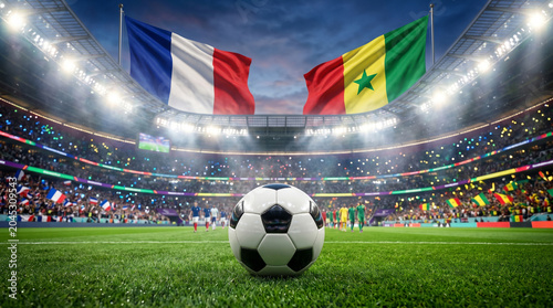 Dynamic soccer match between france and senegal with vibrant stadium atmosphere