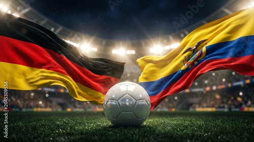 Soccer stadium with german and ecuadorian flags illuminated at night