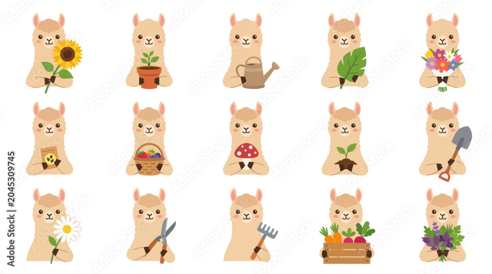 Fototapeta premium Cute Cartoon Gardening Llama and Alpaca Characters with Plants, Flowers, and Tools Flat Vector Illustration Set.