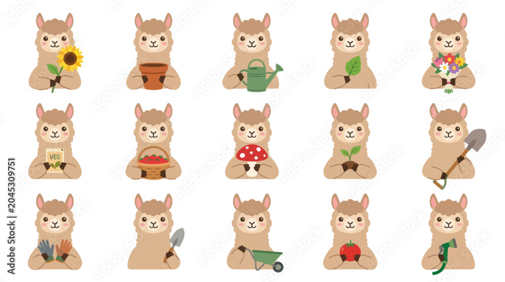 Fototapeta premium Cute Llama Alpaca Garden Characters Set, Flat Design, Vector Stock Art
