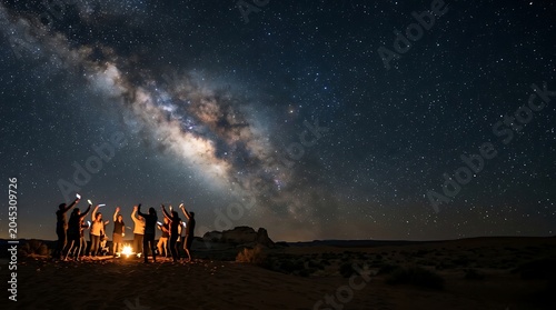 Silhouetted friends celebrating under the milky way galaxy
