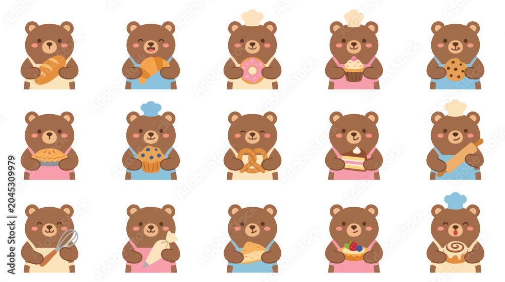 Obraz premium Cute Bear Bakers Holding Pastries and Bread, Flat Vector Illustration