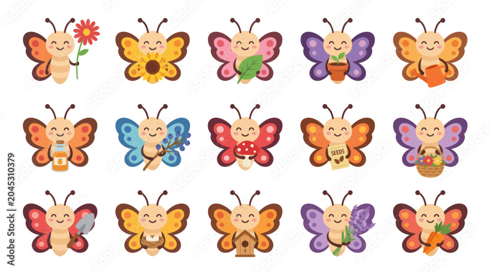 Obraz premium Cute Spring Gardening Butterflies Flat Vector Illustration Set. Adorable Cartoon Nature Characters Collection for Kids.