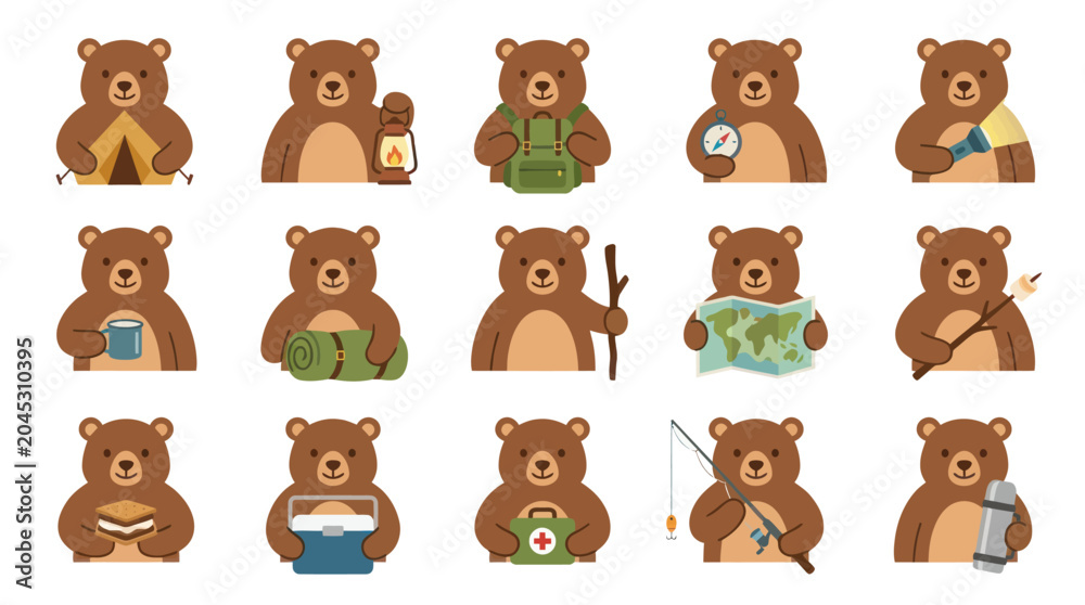 Fototapeta premium Cute Camping Bears in Flat Style, Outdoor Adventure Vector Icons