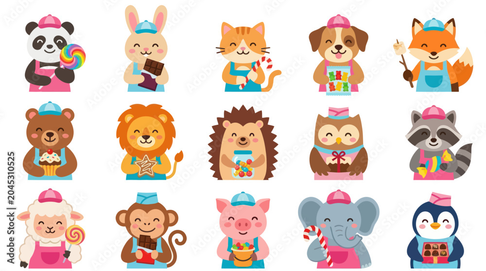 Fototapeta premium Cute Animals in Chef Hats Holding Sweets and Candies Vector Illustration