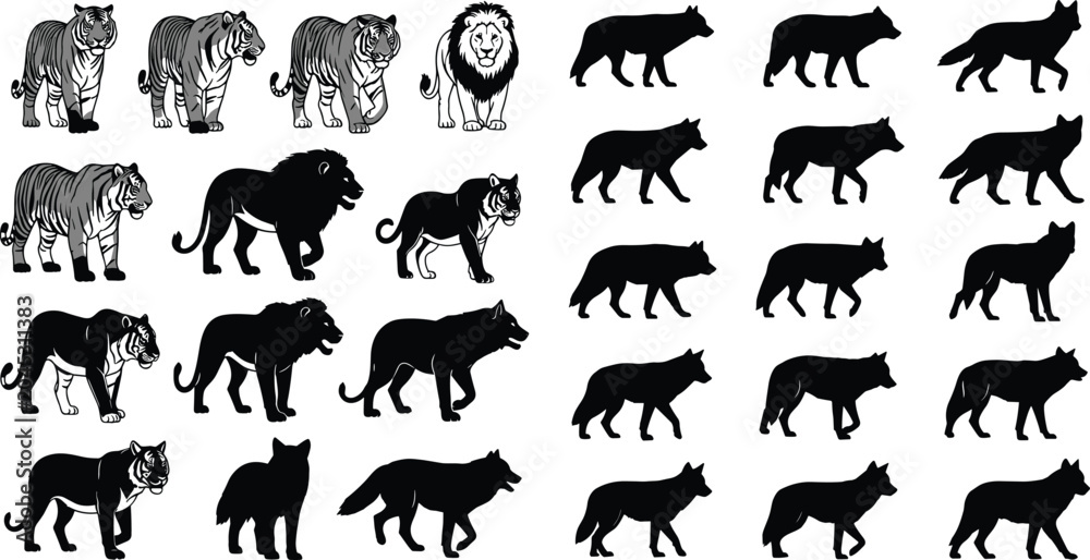 Fototapeta premium Big Cats and Wolf Silhouettes Collection with Lion, Tiger, Panther, and Canine Poses Vector Illustration Set for Wildlife, Predator, and Nature Design