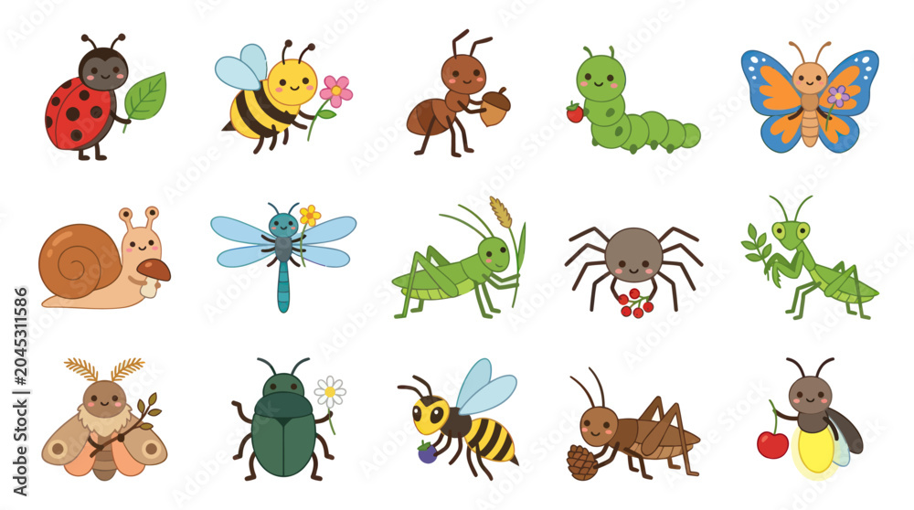 Fototapeta premium Cute Cartoon Insects and Bugs Vector Set. Adorable Nature Creatures Collection for Kids' Education