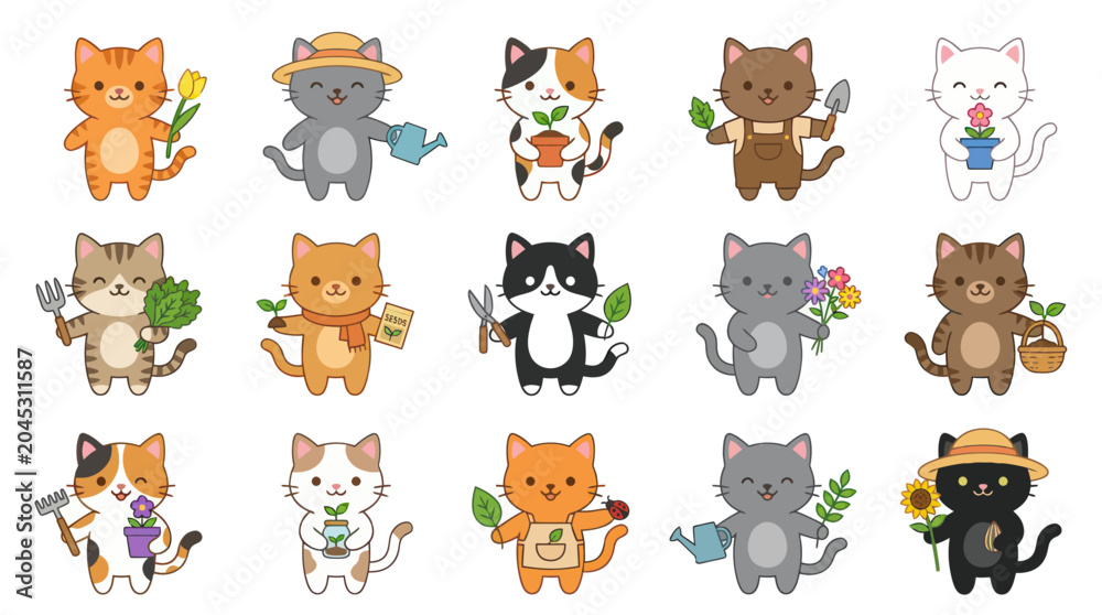 Fototapeta premium Cute Cartoon Gardening Cats Vector Set with Plants, Flowers, and Garden Tools for Nature Lovers