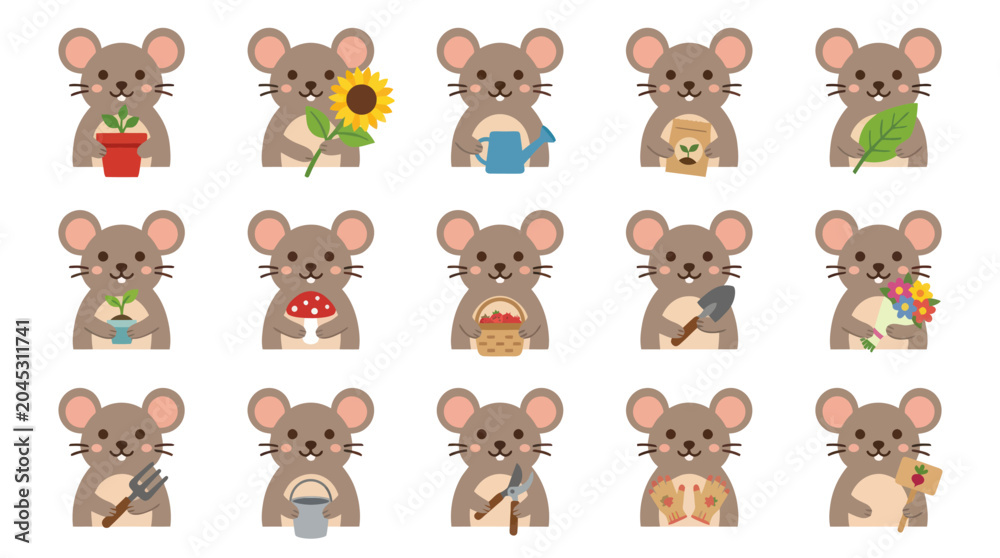 Fototapeta premium Cute Flat Cartoon Mice Gardening Icons Set. Adorable Animal Characters with Garden Tools, Plants Flowers.