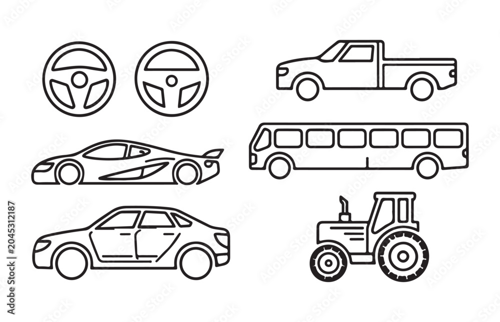 Naklejka premium Linear collection of automotive vehicles and steering wheels isolated on a transparent gray background.