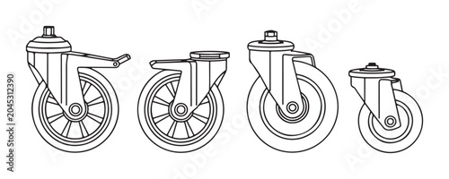 Industrial castor wheel vector icons for heavy duty trolley equipment and moving carts in black line art.