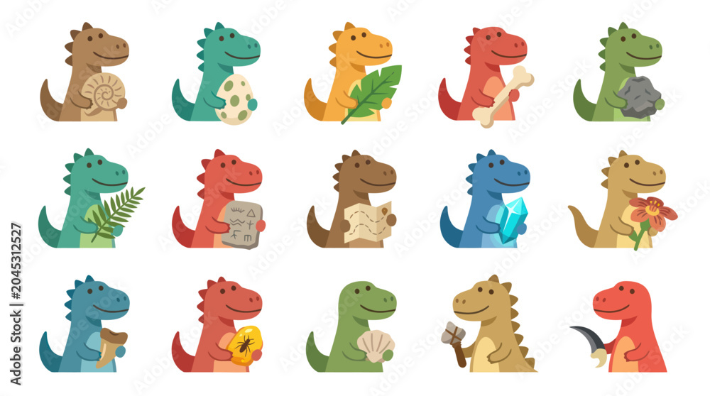Fototapeta premium Cute Cartoon Dinosaurs Holding Objects, Flat Vector Illustration