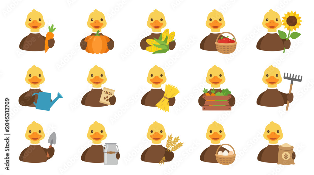 Fototapeta premium Flat Cartoon Farmer Ducks Vector Set with Agriculture Tools, Fresh Crops, and Produce for Farming Niche