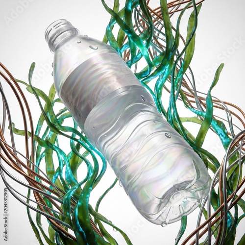 Plastic bottle suspended in bioluminescent kelp strands, symbolizing recycling process