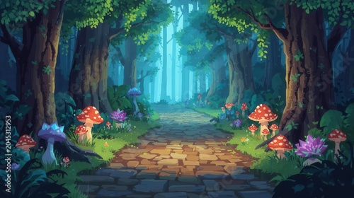 magical enchanted forest trail with glowing mushrooms and fantasy plants at dusk