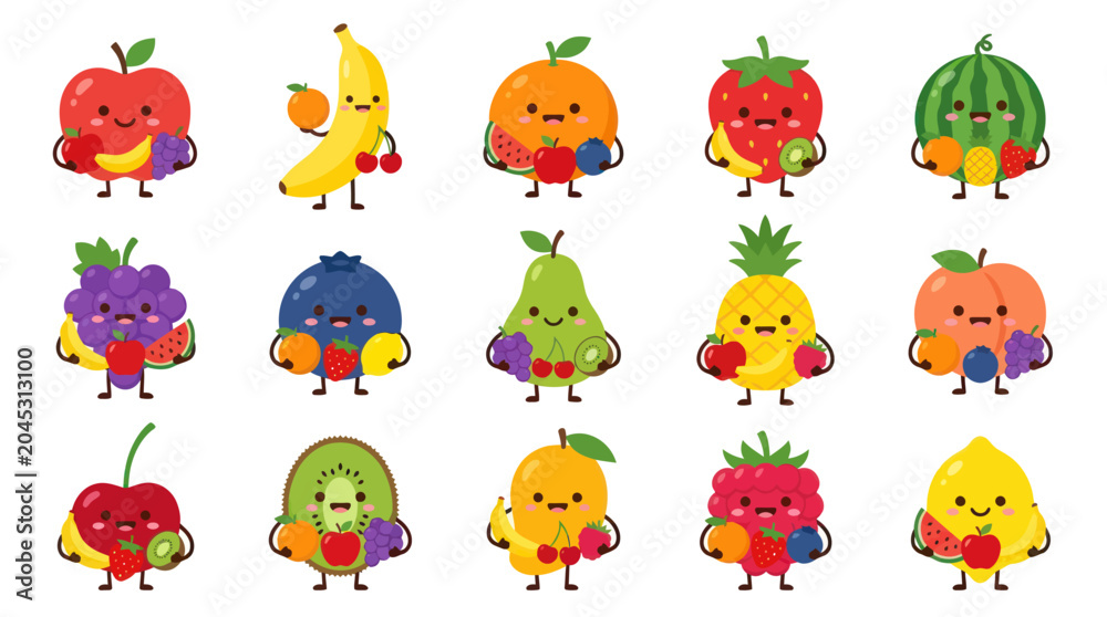 Naklejka premium Cute Fruit Characters Flat Cartoon Vector Illustration Set for Healthy Food and Kids Education