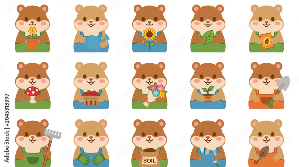 Fototapeta premium Cute Hamsters Gardening Flat Vector Illustrations - Farming Animals