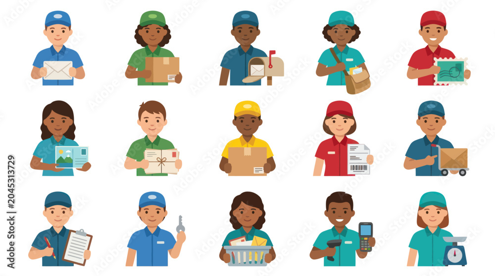 Fototapeta premium Flat Vector Icons of Diverse Delivery Service Workers with Packages and Mail