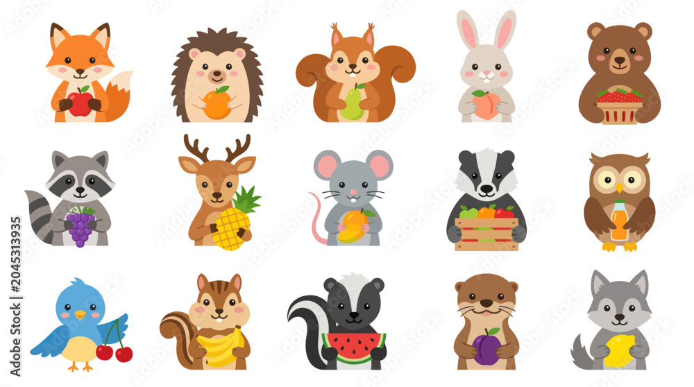 Obraz premium Cute Cartoon Forest Animals Holding Fruits and Vegetables, Flat Design