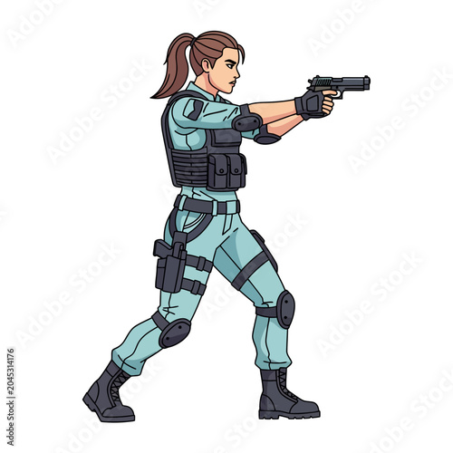 Female agent aiming gun, action pose on white background.