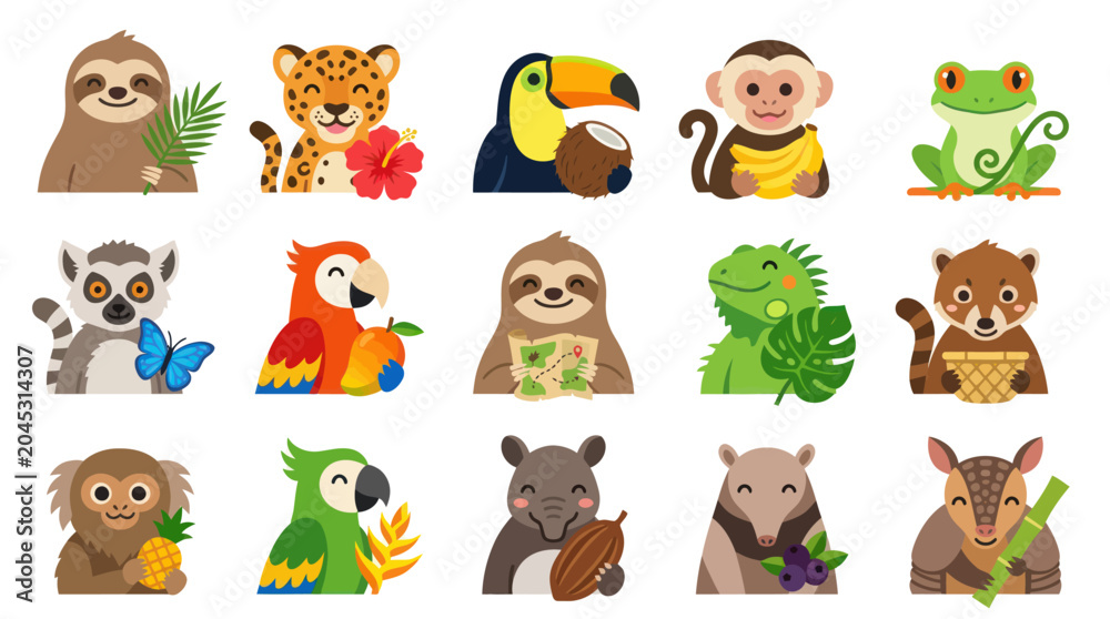 Obraz premium Flat Vector Illustration of Cute Tropical Animals from Rainforest