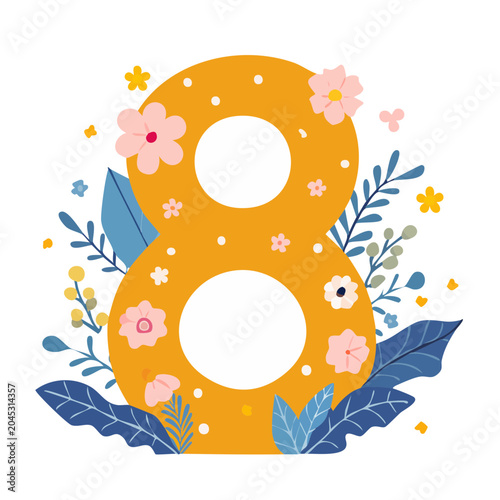 Number 8 decorated with flowers and leaves