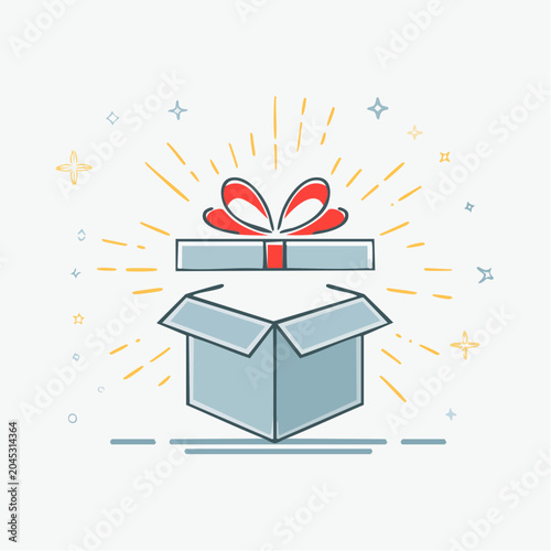 Open Gift Box with Red Ribbon and Rays of Light