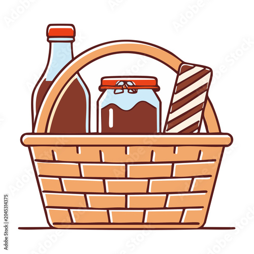 Picnic basket with bottle, jar, and food