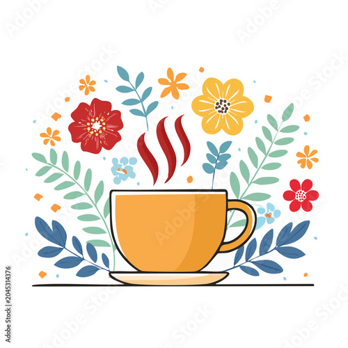 Orange cup of hot tea with steam and floral background