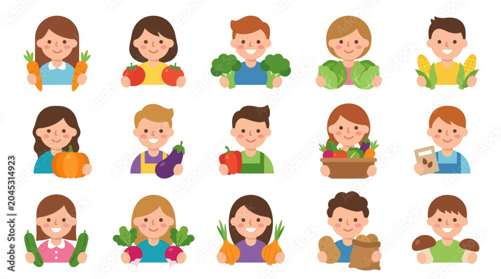 Fototapeta premium Flat Style Kids Farmers Holding Fresh Vegetables and Fruits, Vector Illustration