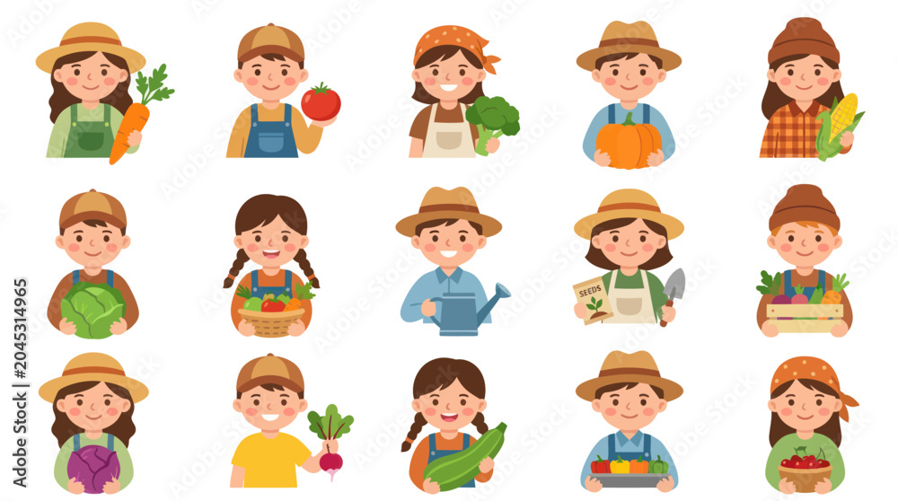 Fototapeta premium Flat Vector Farmers With Harvested Vegetables And Fruits, Healthy Food Icon