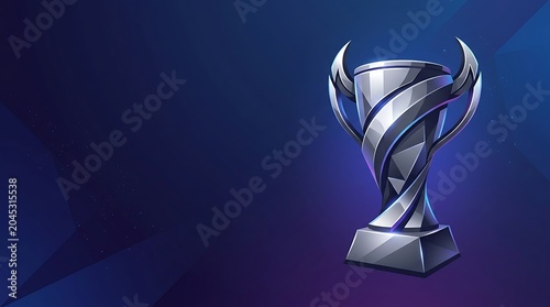 Shiny silver winner trophy on a dark blue geometric background
