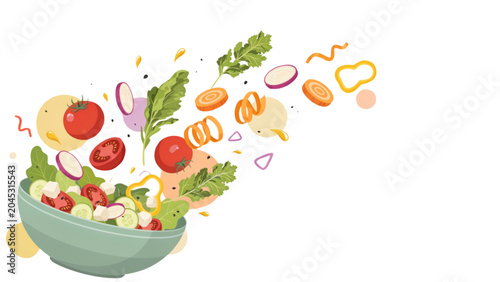 Colorful fruits and vegetables bursting from a ceramic bowl with confetti Vector