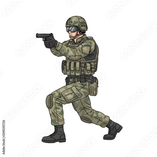 Soldier aiming pistol  isolated on white background