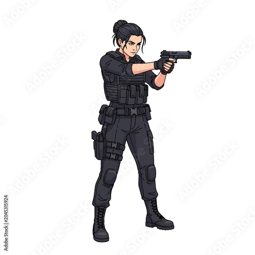 Armed female agent in combat gear, ready to shoot, isolated on white