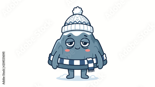 Sleepy mountain character wearing winter hat and scarf