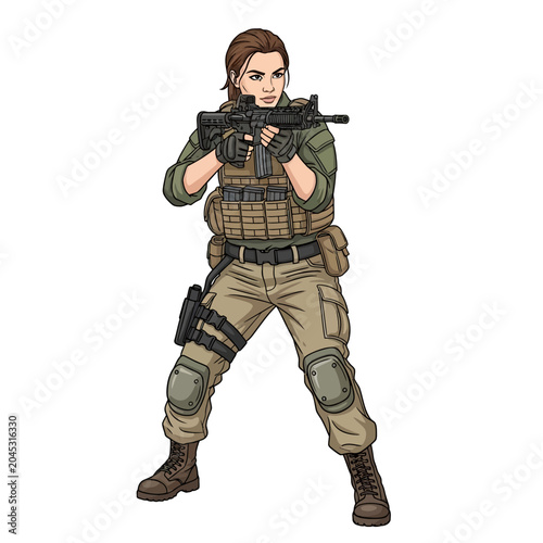 Armed Female Soldier with Weapon & Body Armor Isolated on White