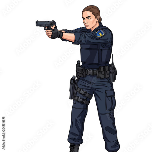 Armed police officer aiming handgun, illustration on white background