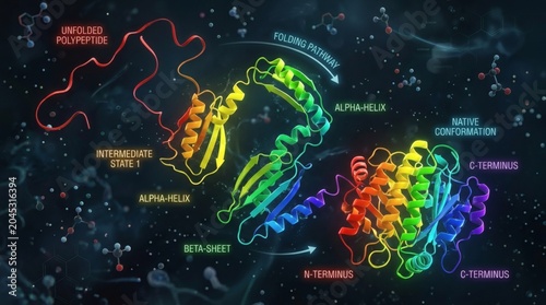 Protein folding pathway from unfolded polypeptide to native conformation