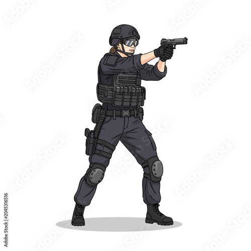 Armed swat officer in full tactical gear, aiming pistol